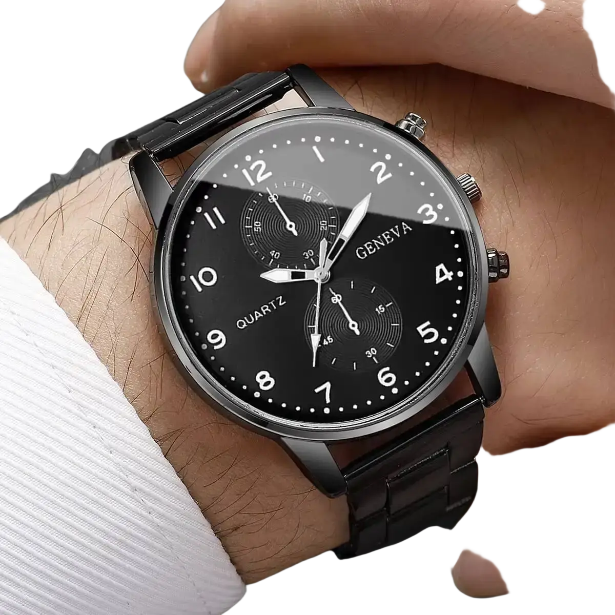 Black Geneva quartz watch with sleek metal bracelet and three sub-dials stainless steel chronograph design