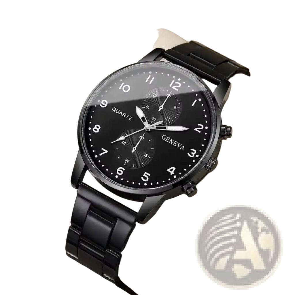 Black geneva quartz watch stainless steel chronograph with sleek minimalist black stainless steel design and white markers