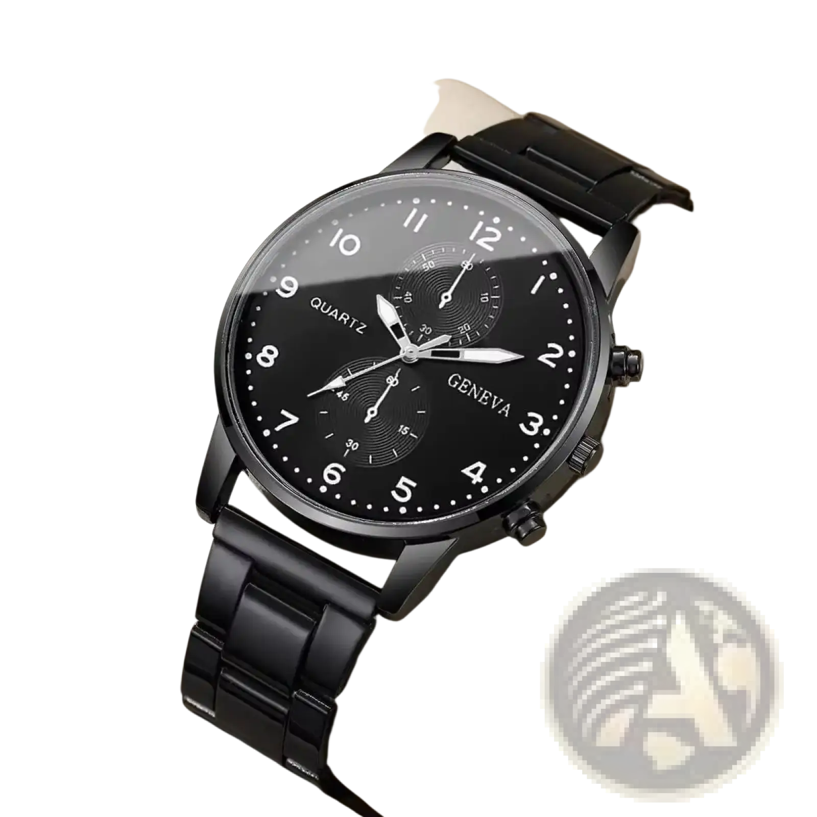 Black geneva quartz watch stainless steel chronograph with sleek minimalist black stainless steel design and white markers