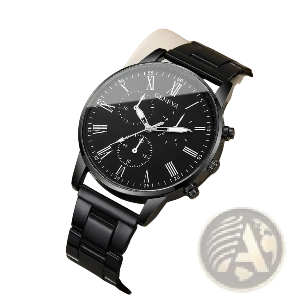 Black Geneva quartz chronograph watch with roman numeral dial and sleek stainless steel metal bracelet