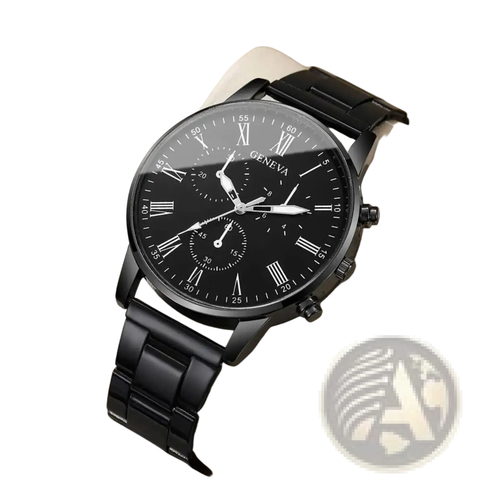 Black Geneva quartz chronograph watch with roman numeral dial and sleek stainless steel metal bracelet