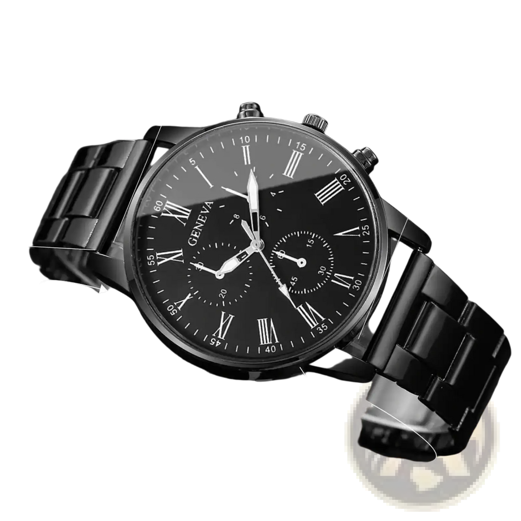 Black Geneva quartz chronograph watch with roman numeral dial and sleek stainless steel metal bracelet