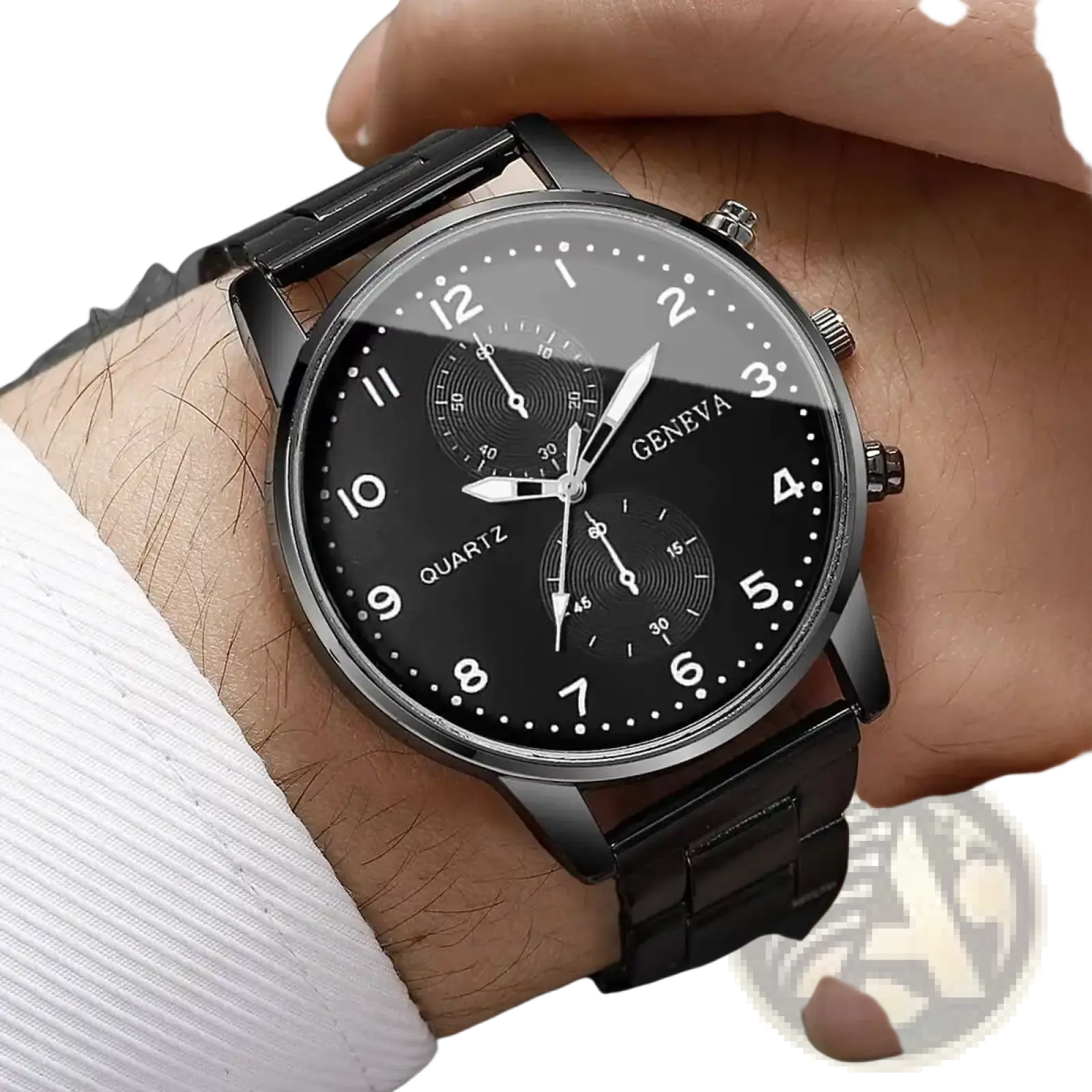Black Geneva quartz watch with sleek metal bracelet and three sub-dials stainless steel chronograph design