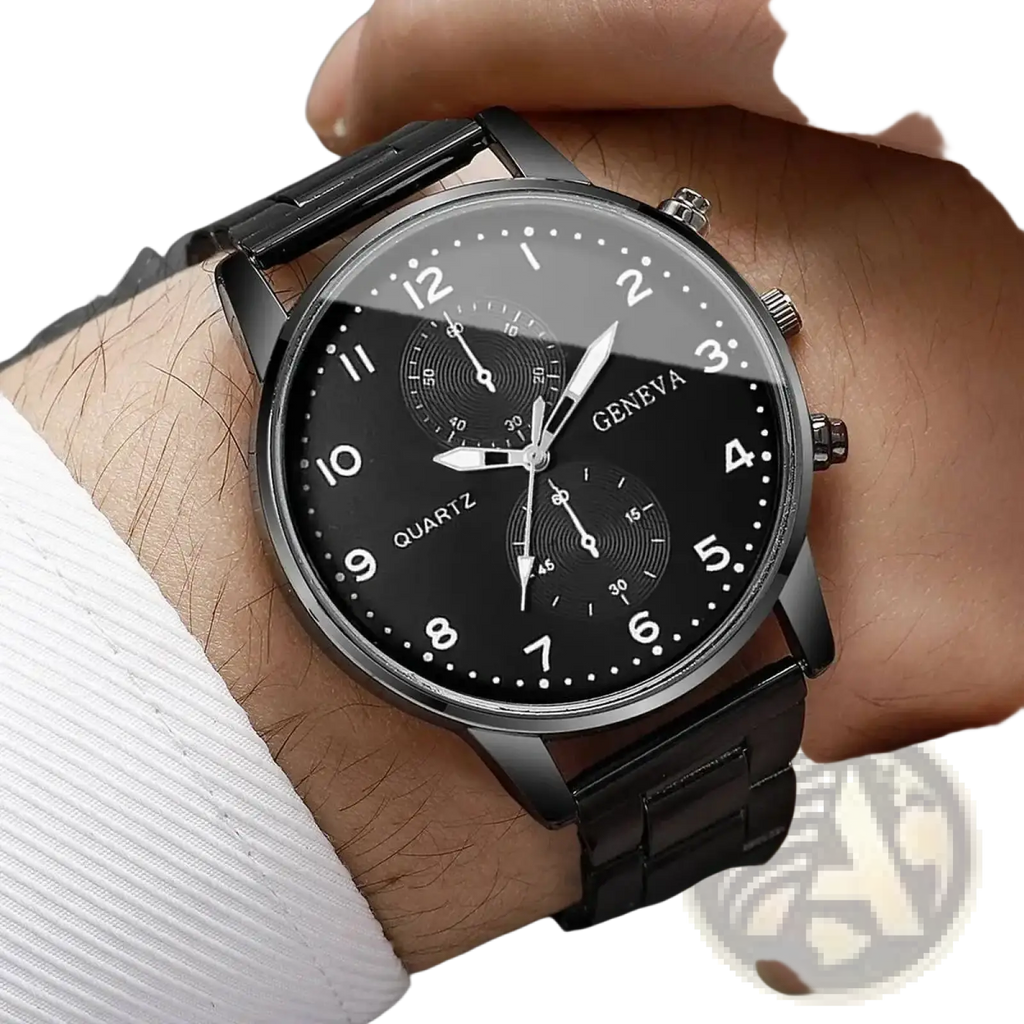 Black Geneva quartz watch with a sleek stainless steel chronograph metal bracelet and multiple subdials