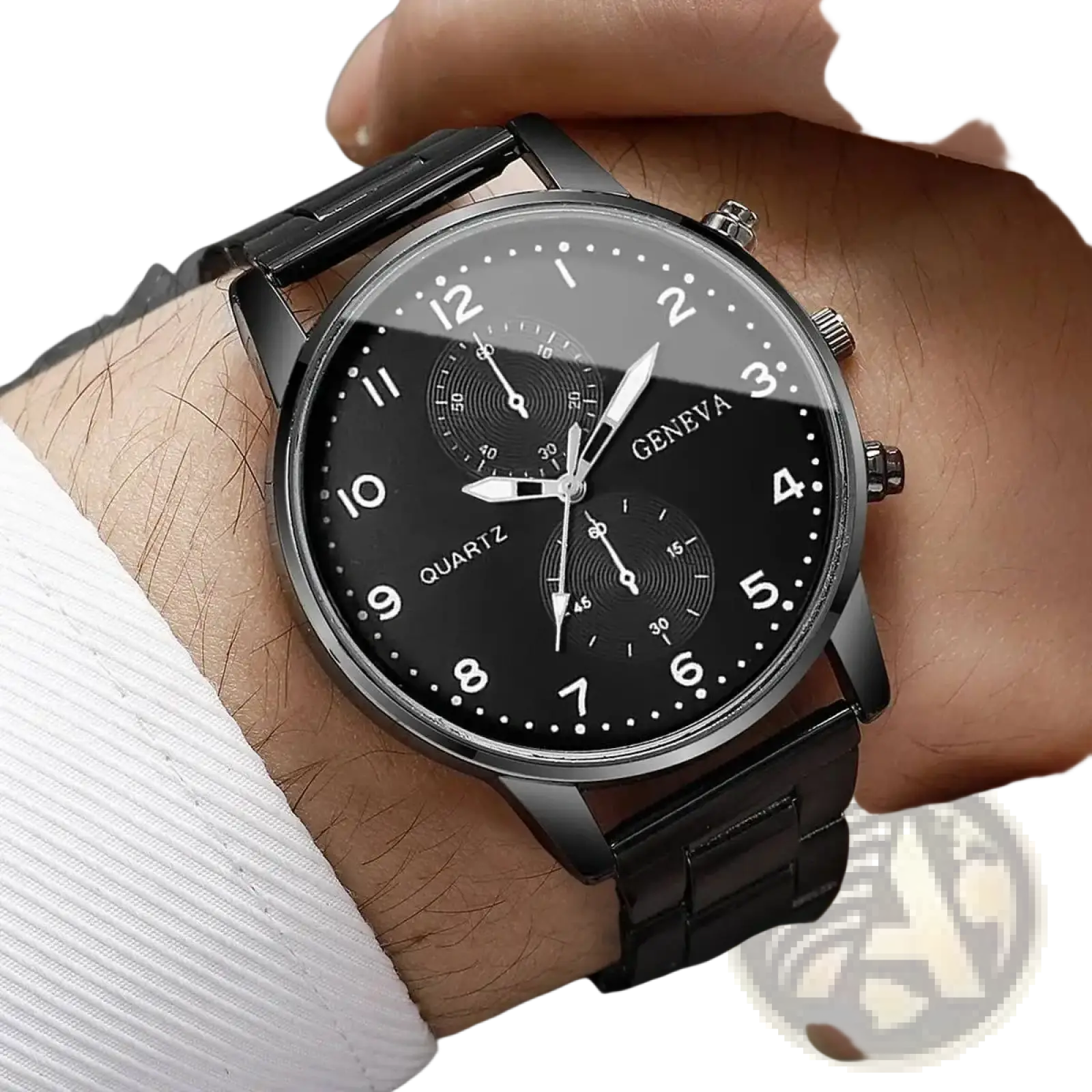 Black Geneva quartz watch with a sleek stainless steel chronograph metal bracelet and multiple subdials