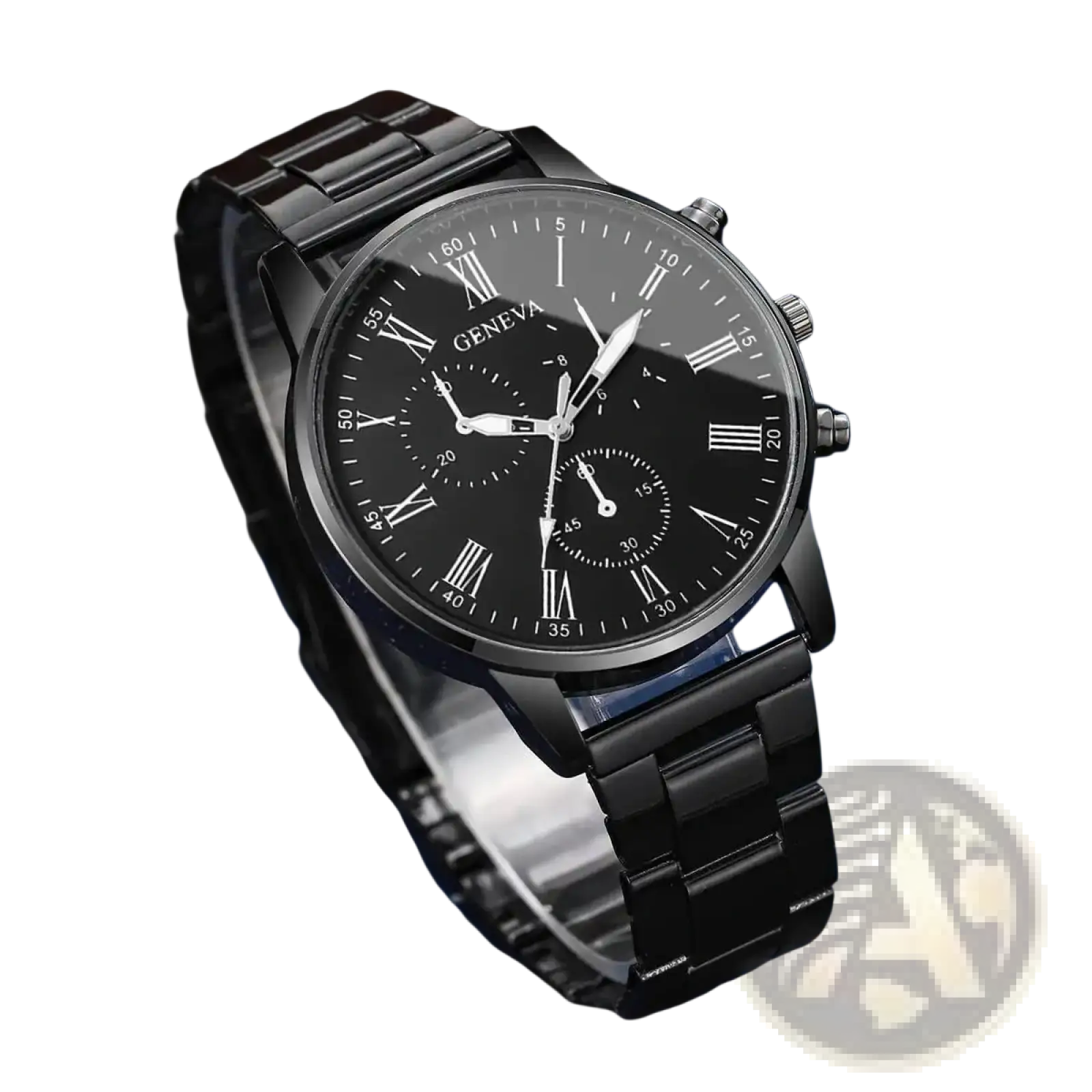 Black Geneva quartz chronograph watch with a sleek stainless steel bracelet and roman numeral markings