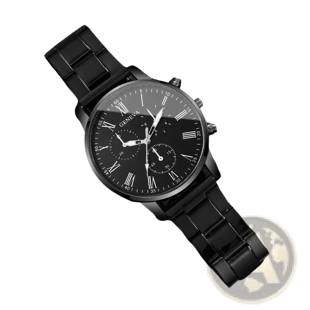 Black Geneva quartz chronograph watch with white roman numeral dial and sleek stainless steel bracelet