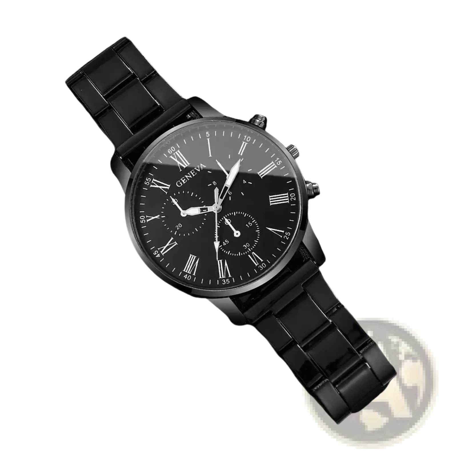 Black Geneva quartz chronograph watch with white roman numeral dial and sleek stainless steel bracelet