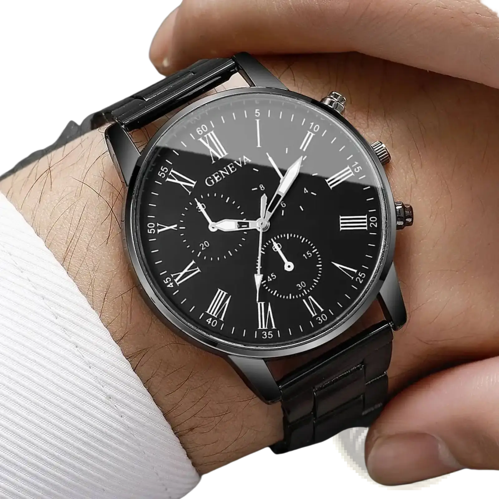Black Geneva quartz chronograph watch with sleek metal bracelet and roman numeral markings in stainless steel