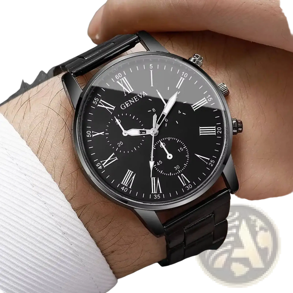 Black geneva quartz chronograph watch with sleek metal bracelet and roman numeral dial in stainless steel