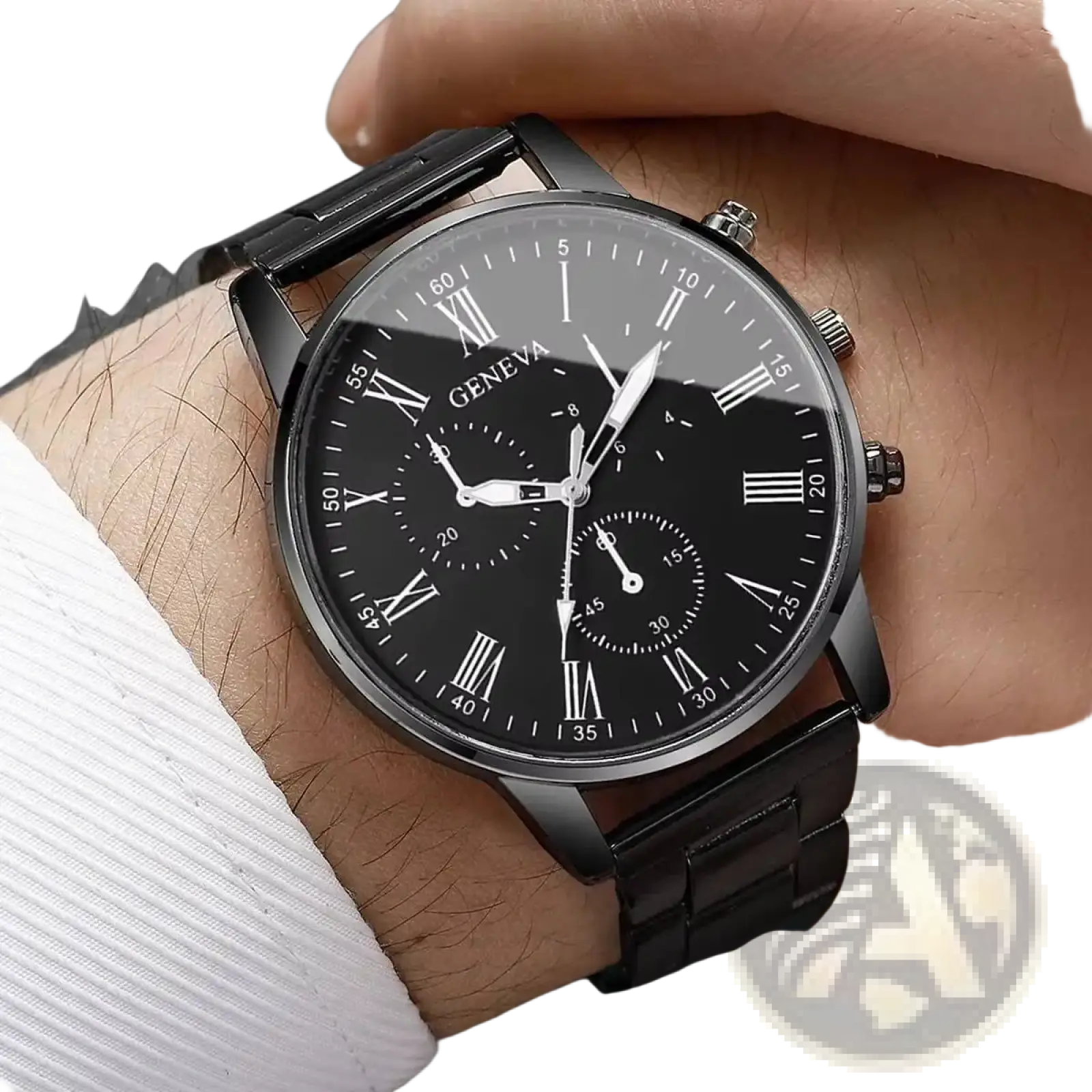 Black geneva quartz chronograph watch with sleek metal bracelet and roman numeral dial in stainless steel