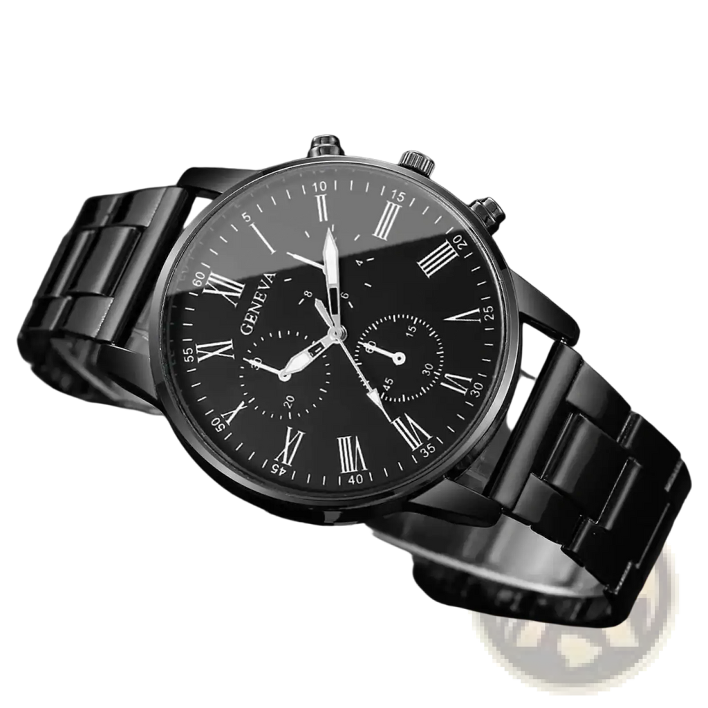 Black geneva quartz chronograph watch with sleek metal bracelet and roman numeral dial in stainless steel