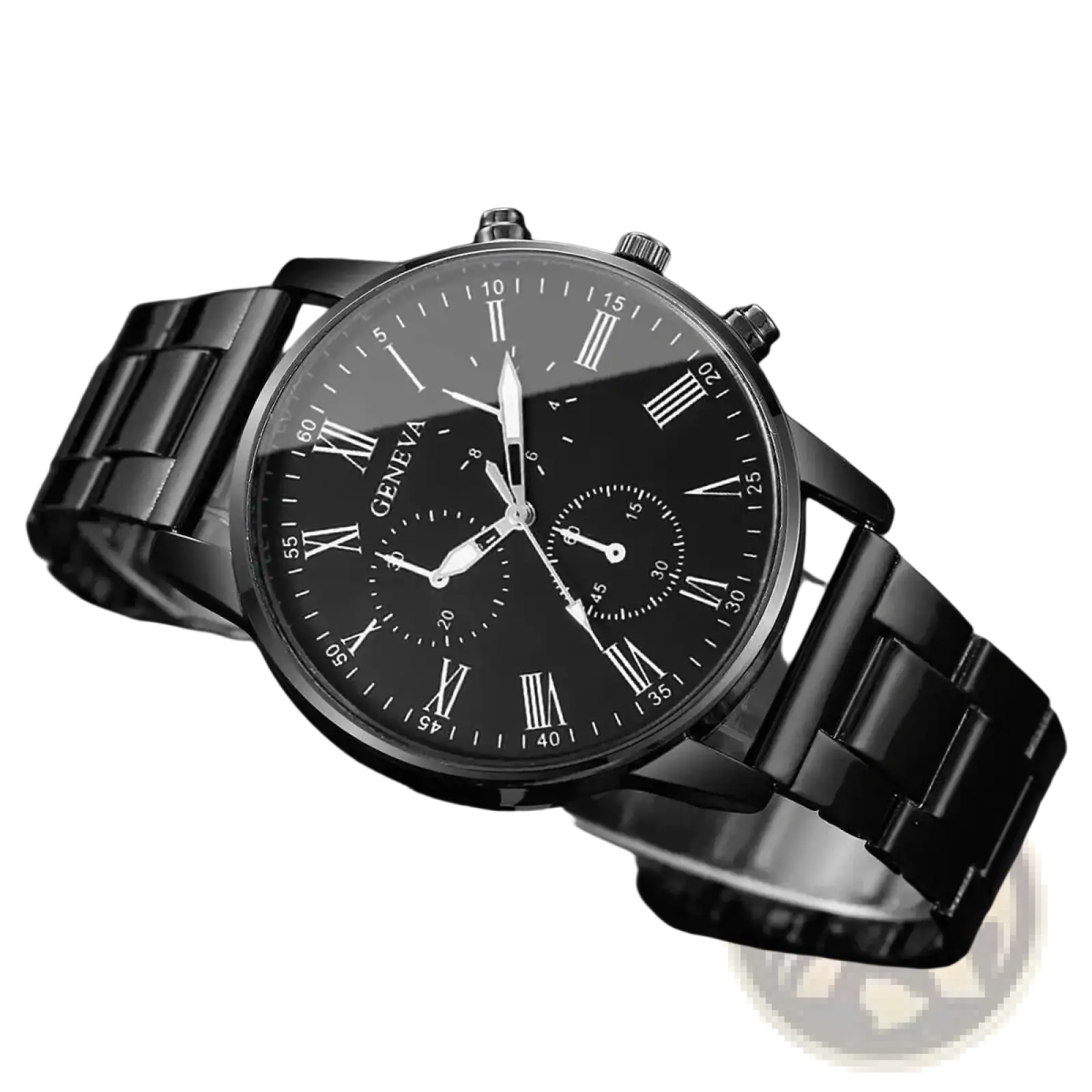 Black geneva quartz chronograph watch with sleek metal bracelet and roman numeral dial in stainless steel