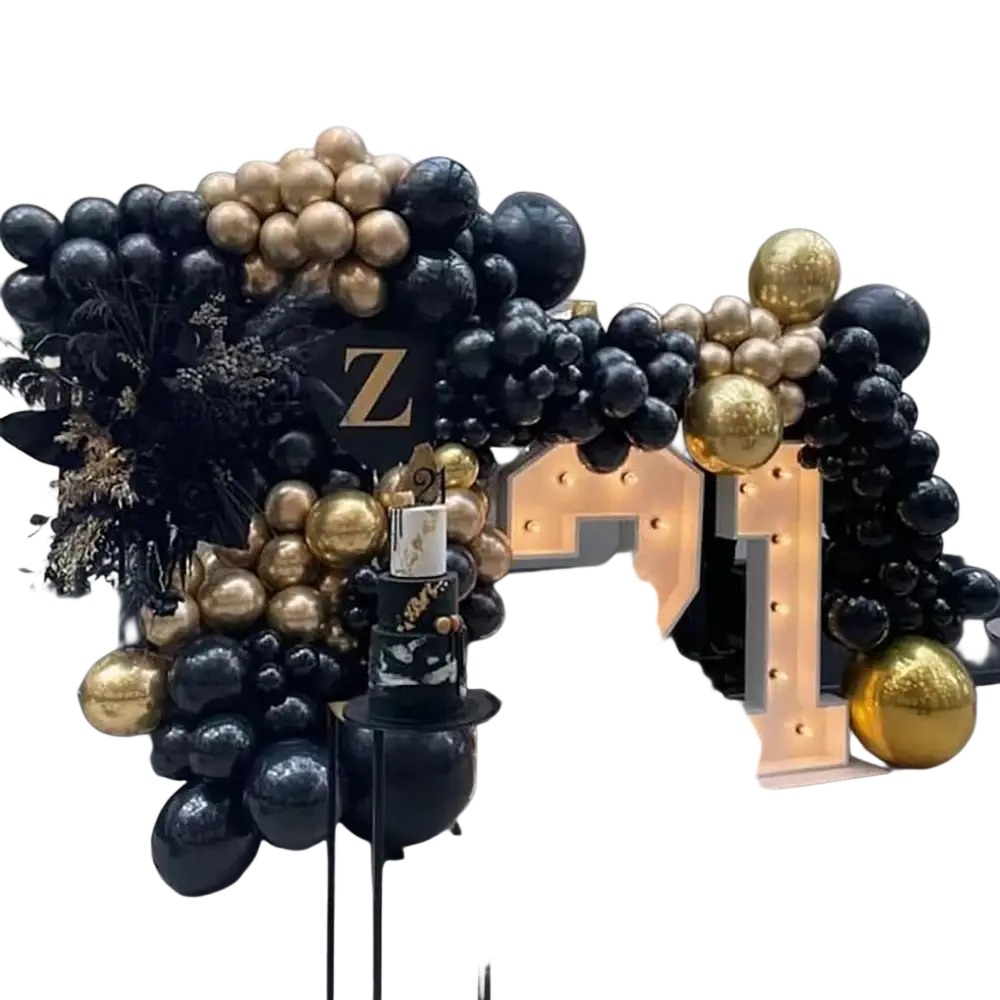 Black gold balloon arch kit featuring black and gold balloons with a large illuminated 21 sign for celebrations