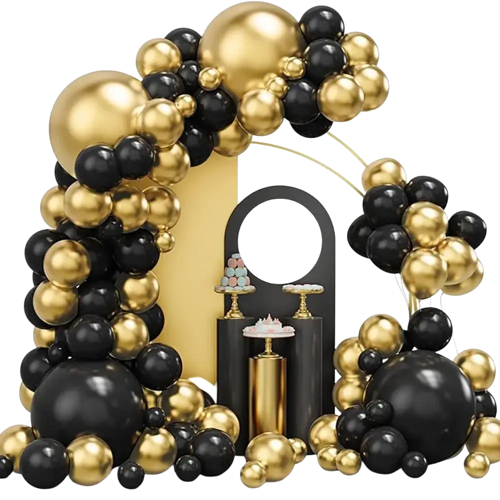Elegant black gold balloon arch kit featuring glossy reflective spheres in a luxurious celebratory design