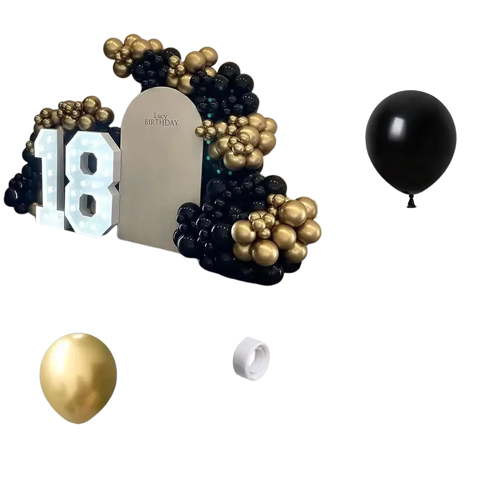 Black gold balloon arch kit featuring latex balloons in black and gold arranged for a birthday celebration