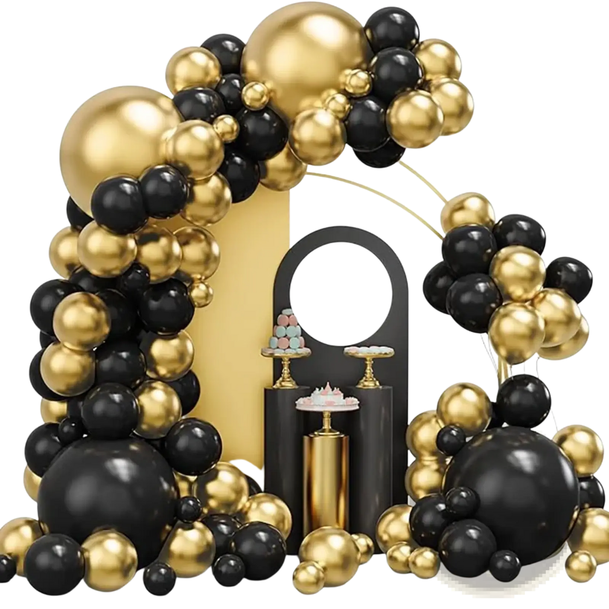 Elegant black gold balloon arch kit featuring glossy reflective spheres in a luxurious celebratory design
