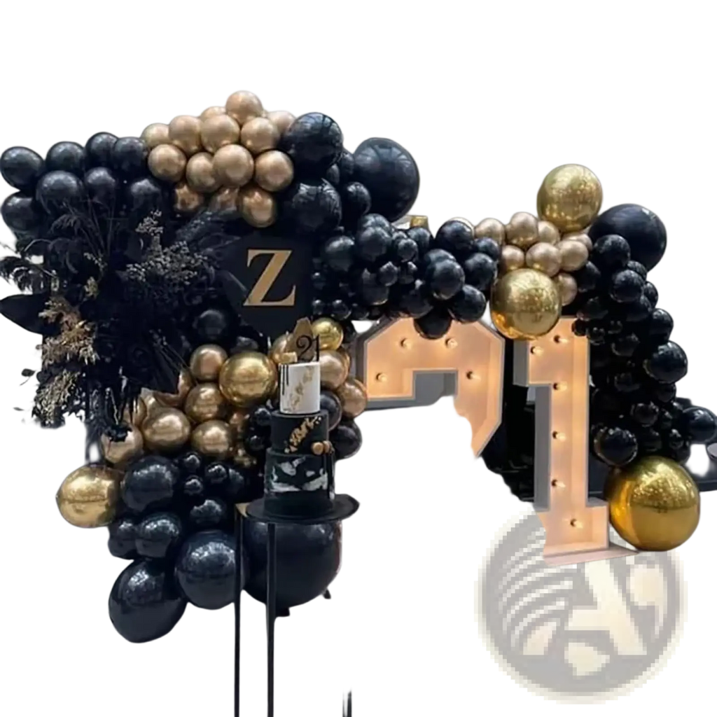 Black gold balloon arch kit featuring black and gold balloons with a large illuminated 21 sign for celebrations