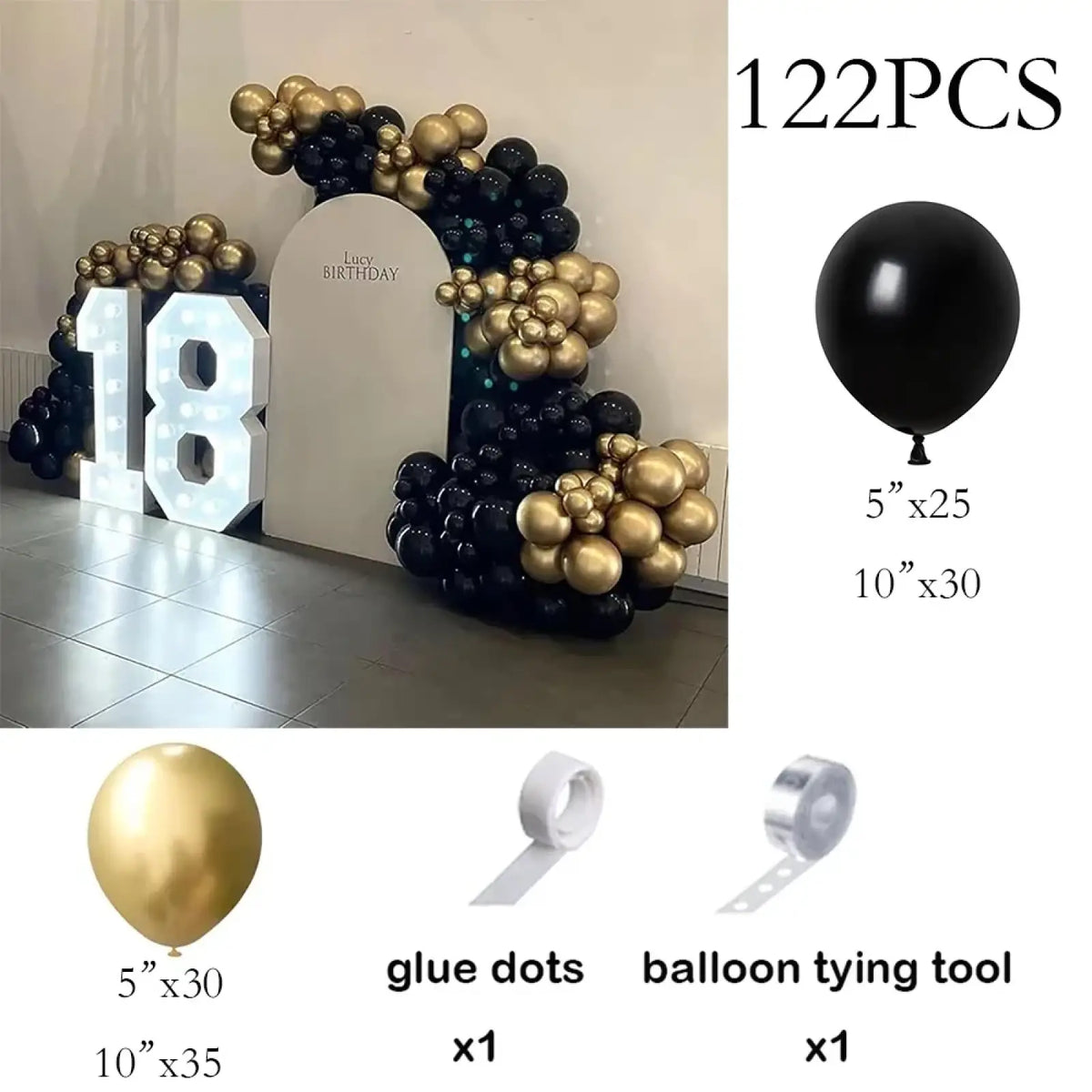 Black gold balloon arch kit featuring latex balloons in black and gold arranged for a birthday celebration