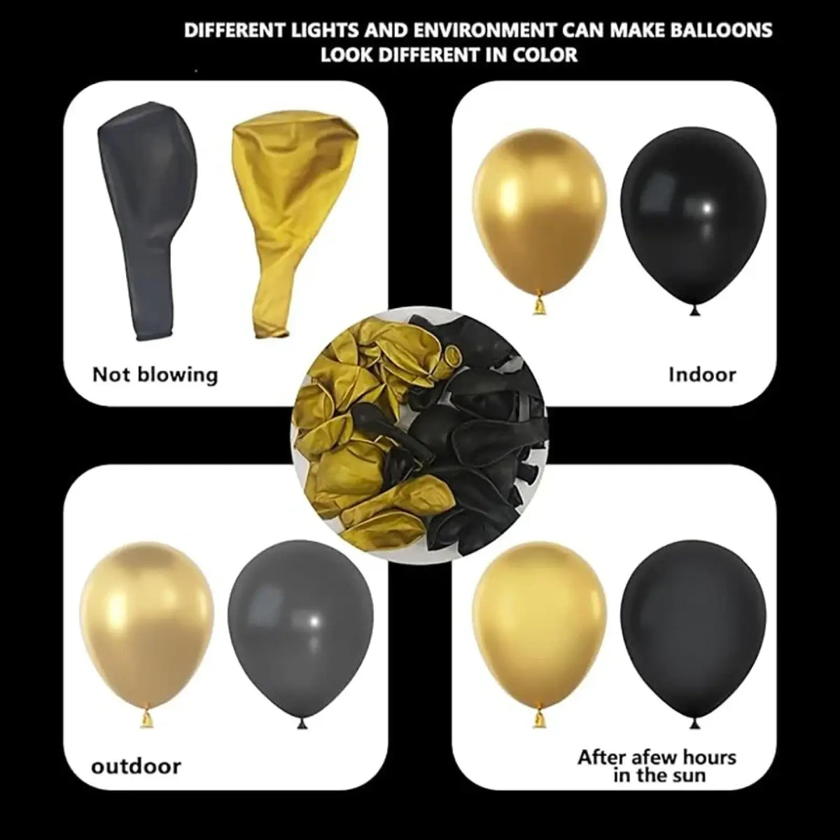 Shiny gold and matte black latex balloons in a black gold balloon arch kit for festive party decoration