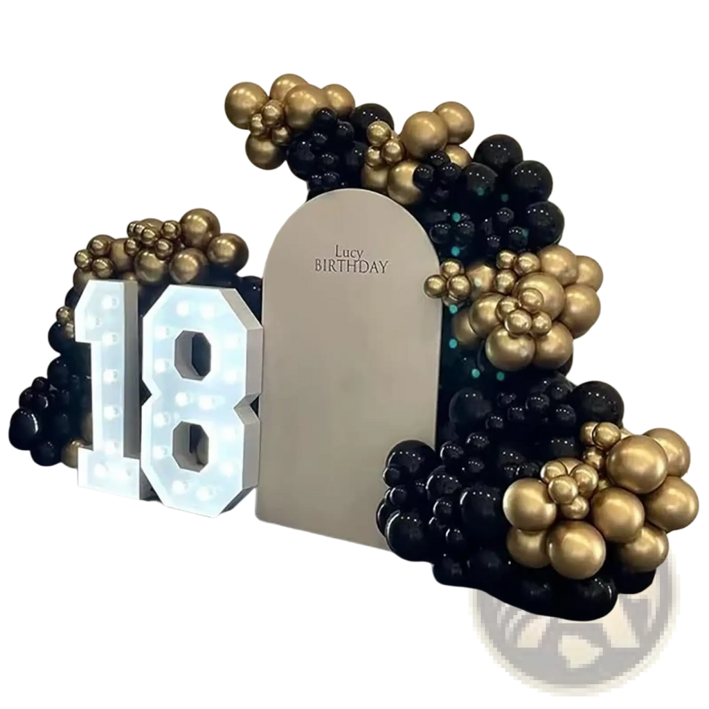 Black gold balloon arch kit with white illuminated 18 sign and arched backdrop reading lucy birthday