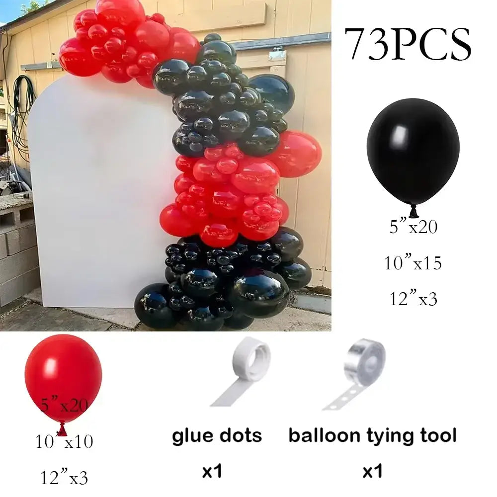A festive black and gold balloon arch kit featuring glossy black and vibrant red latex balloons in a cascading design