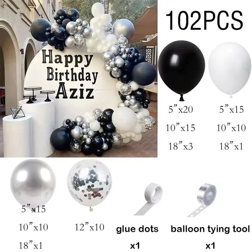 Black and silver balloon arch kit featuring assorted sizes and metallic finishes for festive party decoration