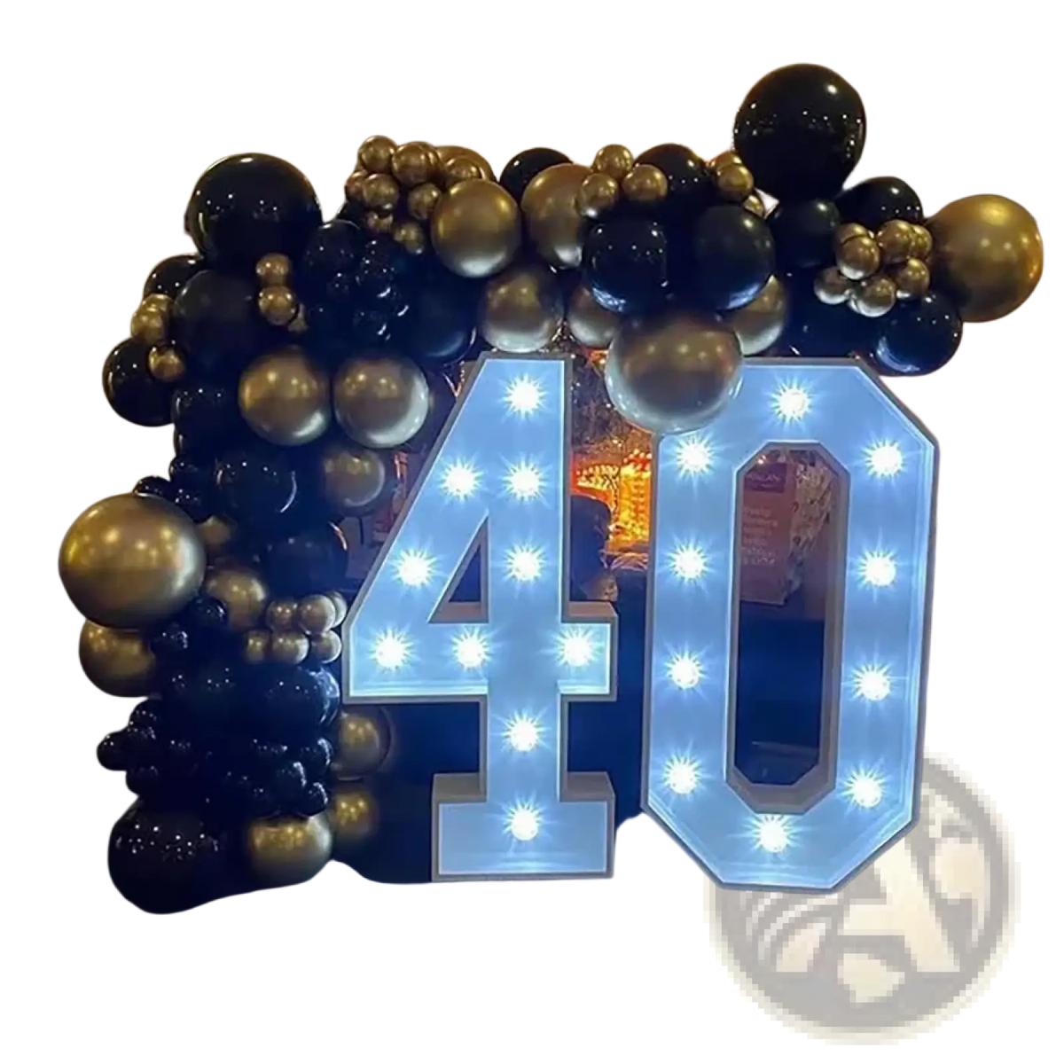 Illuminated blue 40 sign with light bulbs surrounded by black and gold balloons in black and gold balloon arch kit for parties