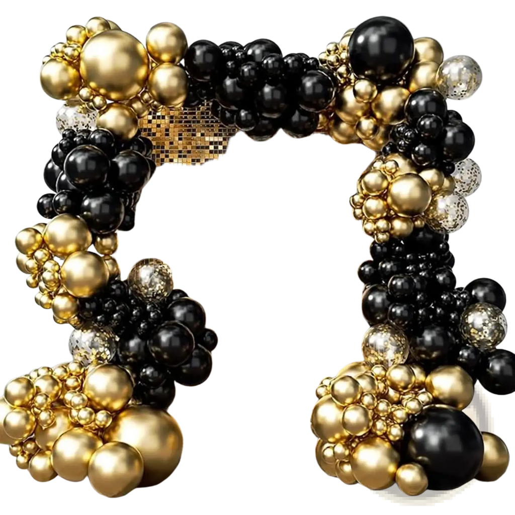 A luxurious black and gold balloon arch kit with glittery accents designed for elegant party decorations