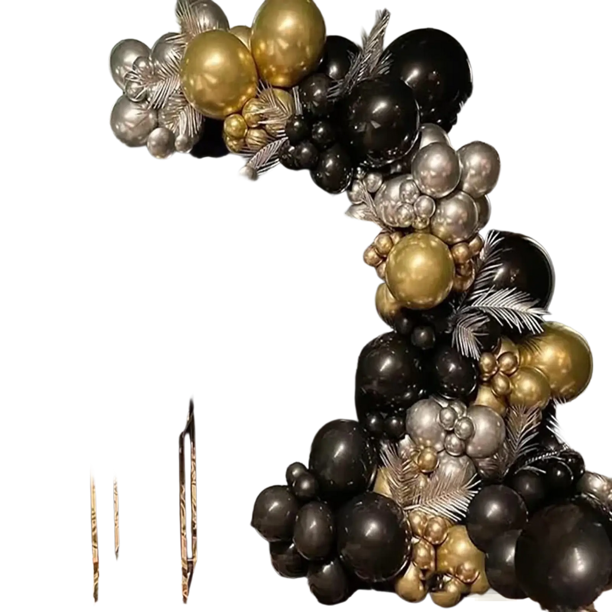 Black and gold balloon arch kit featuring silver balloons and white feather accents for elegant party decoration
