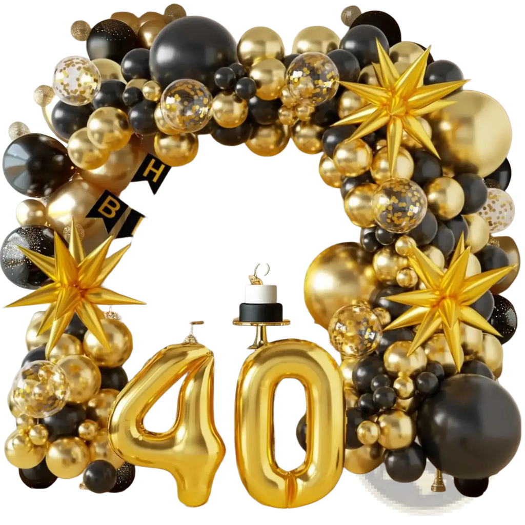Glossy gold foil number 40 balloon in a black gold birthday balloon arch kit for festive celebration decor