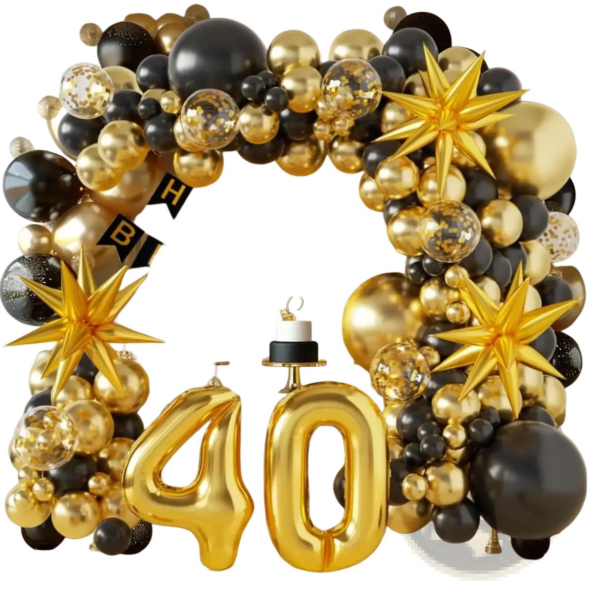 Glossy gold foil number 40 balloon in a black gold birthday balloon arch kit for festive celebration decor