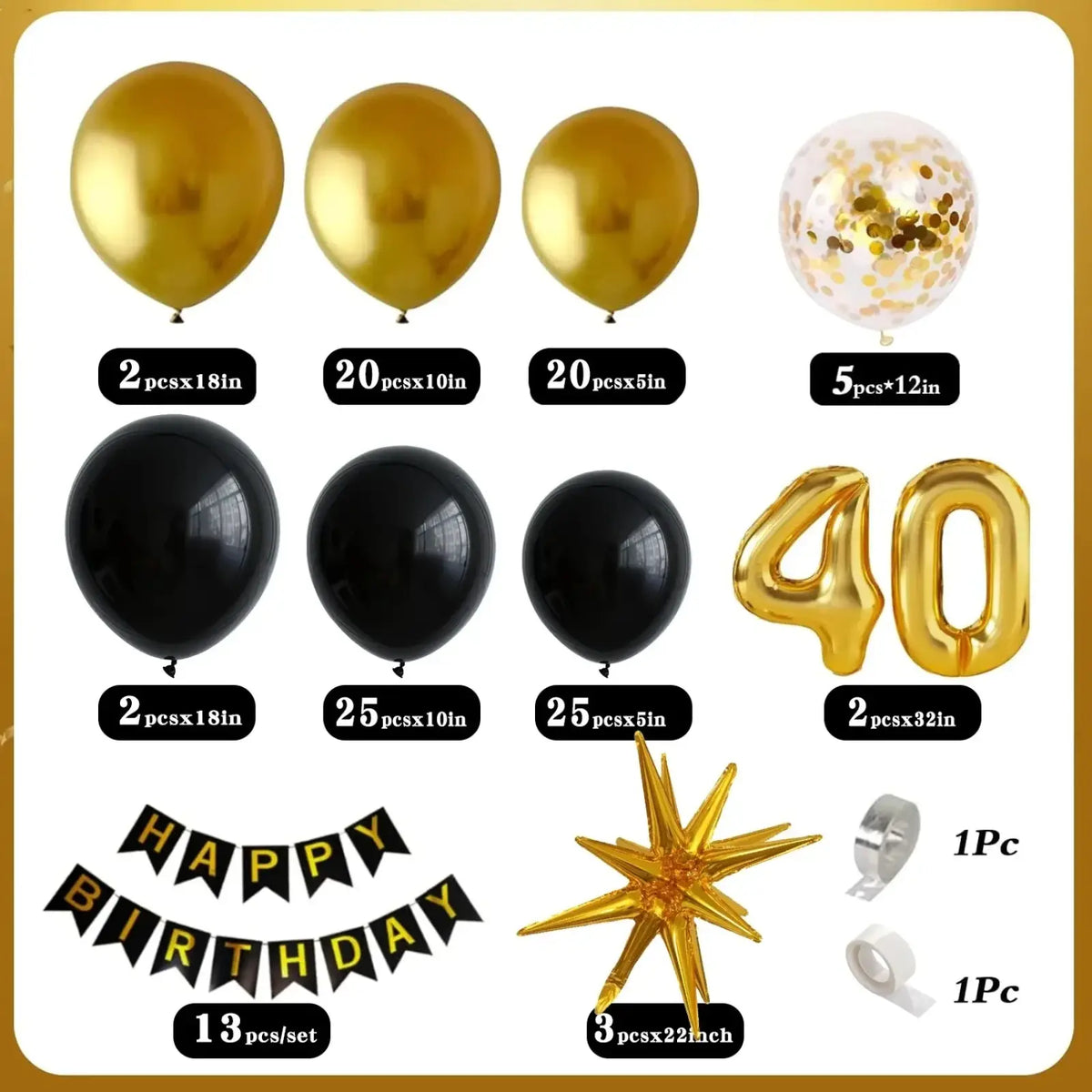 Black gold birthday balloon arch kit with metallic gold and black foil balloons glitter clear balloon and happy birthday banner