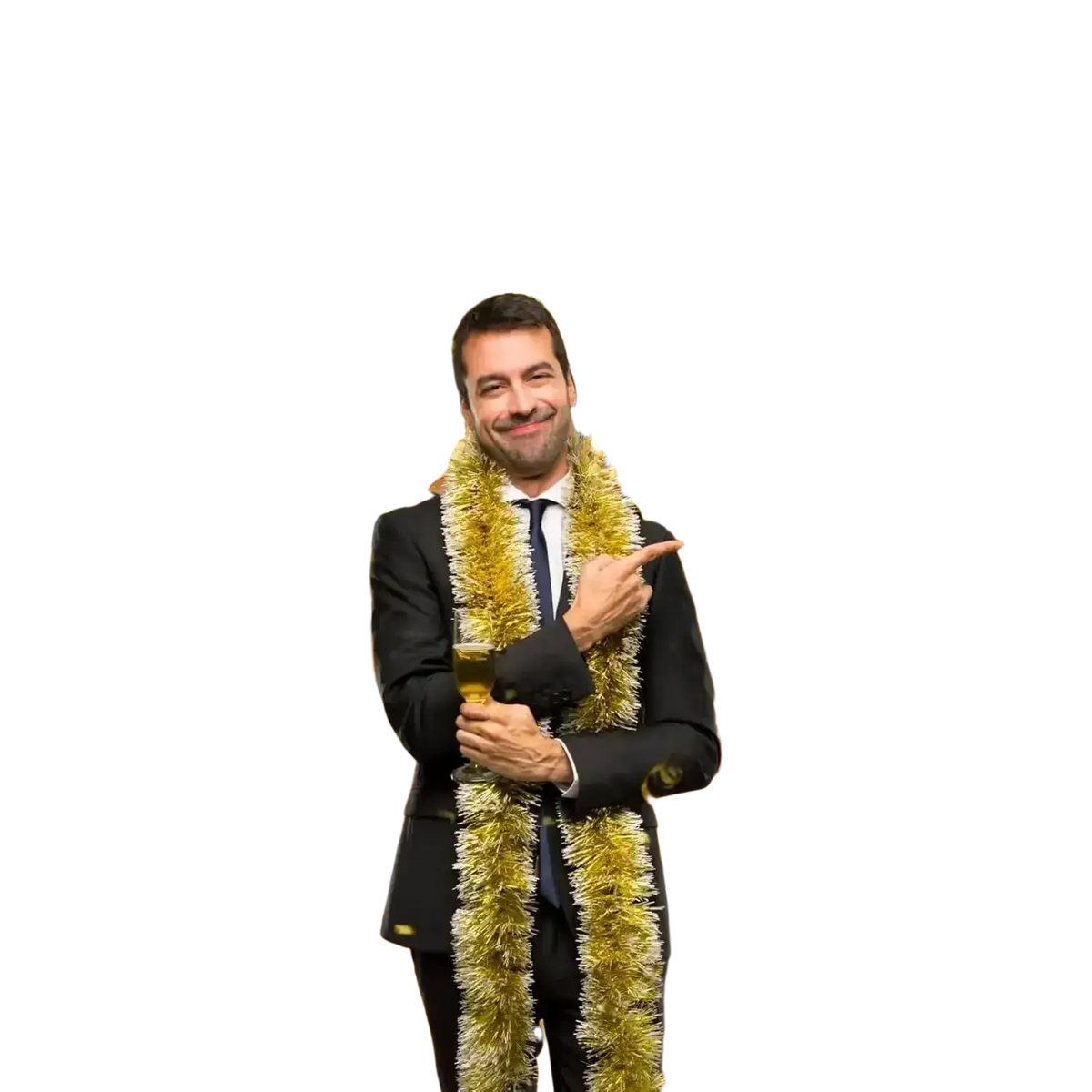 A man wearing a black suit and tie with a shimmering gold tinsel garland beside a black gold birthday balloon arch kit