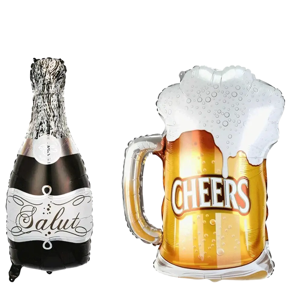 Black gold birthday party balloons set featuring a gold beer mug balloon with white foam and cheers in orange letters