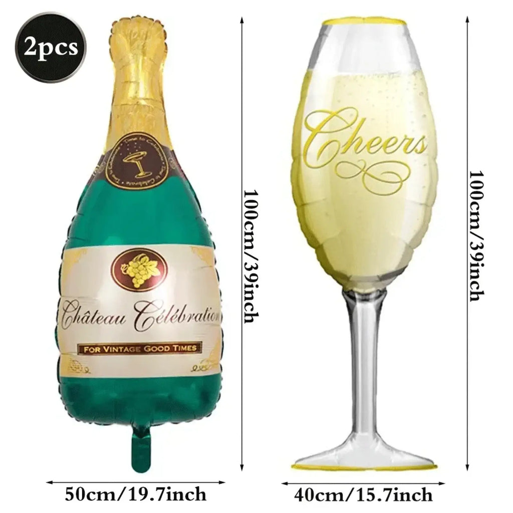 Black gold birthday party balloons set featuring green and gold foil champagne bottle and cheers wine glass balloons