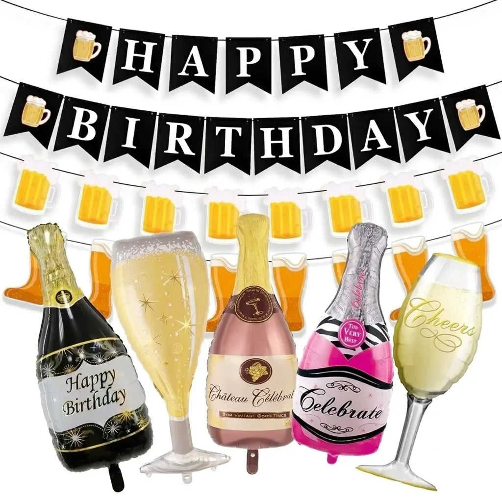 Black gold birthday party balloons set featuring champagne bottle and glass shapes with gold foil happy birthday text on black