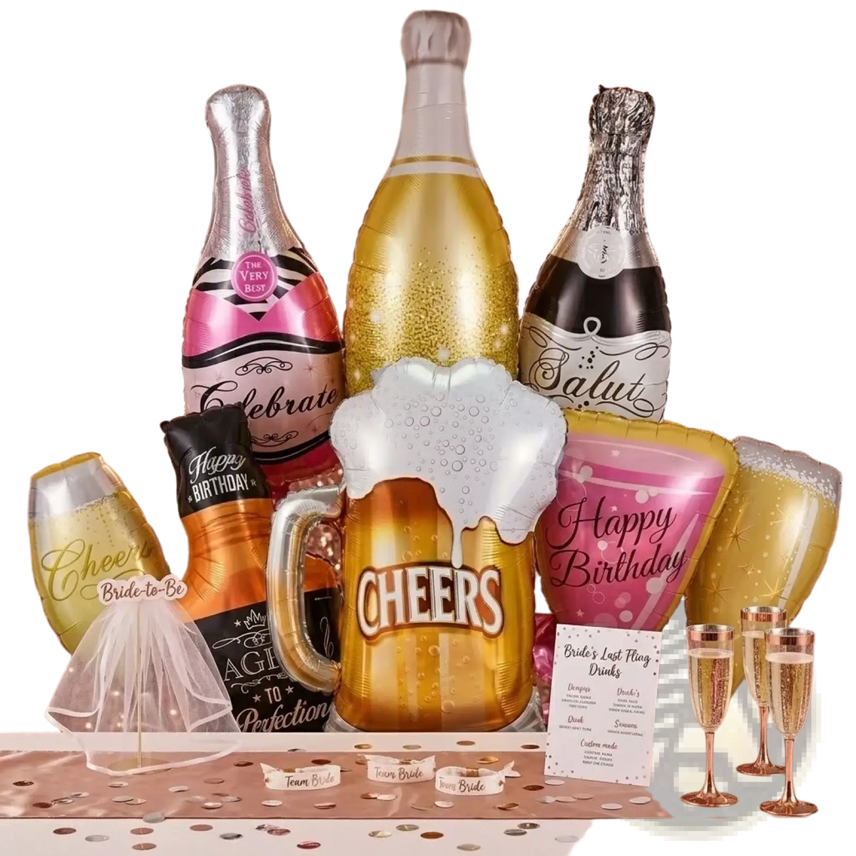 Gold foil beer mug balloon with cheers in white letters and frothy foam from black gold birthday party set