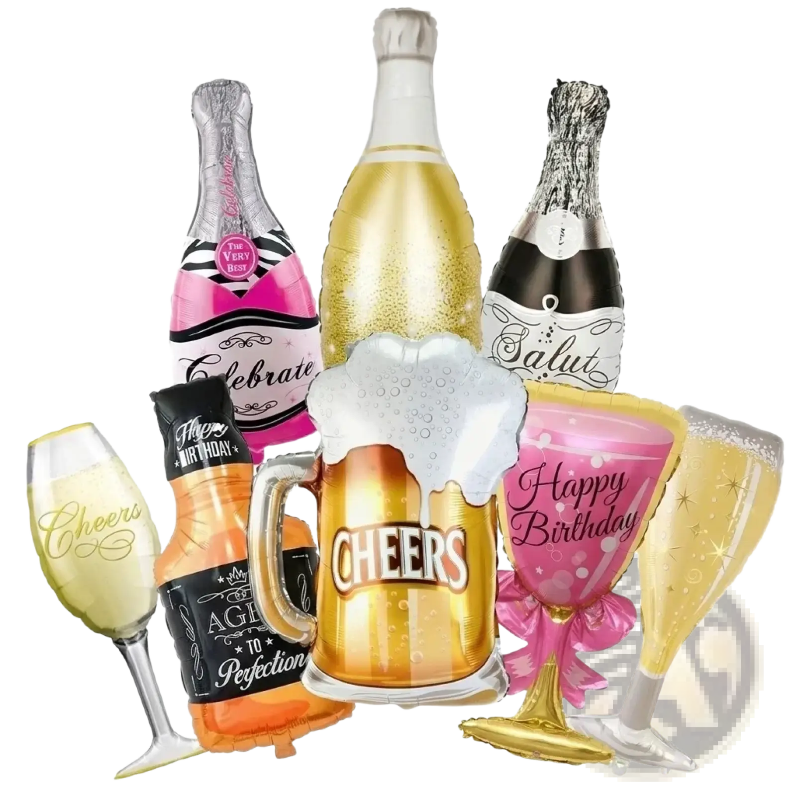 Gold foil beer mug balloon with bold white cheers text and frothy foam top in black gold birthday party set