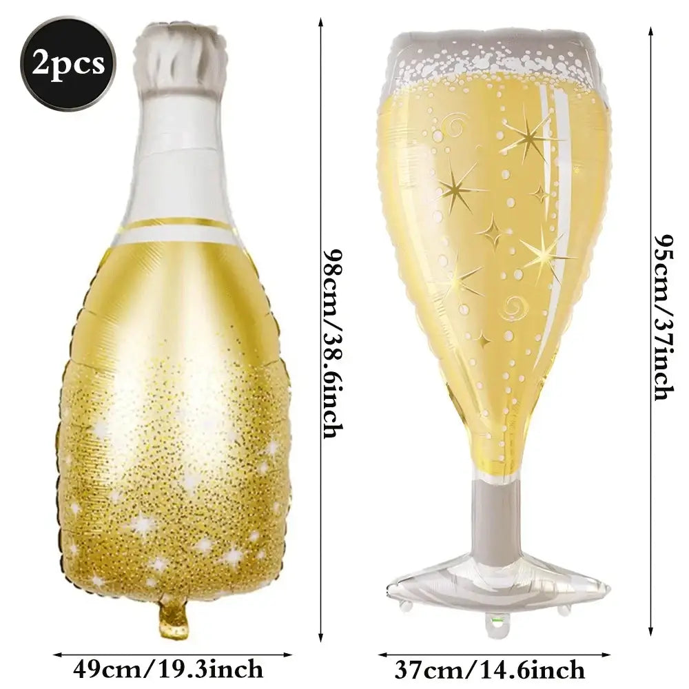 Gold glitter champagne bottle and flute foil balloons set in black gold birthday party colors for celebration decor