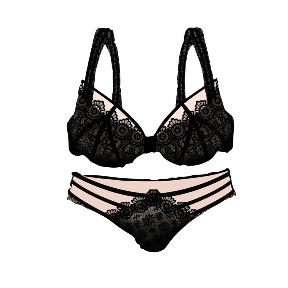 Black lace bra and matching panties set with floral detailing paired with black gold birthday party balloons and beer mug banner set