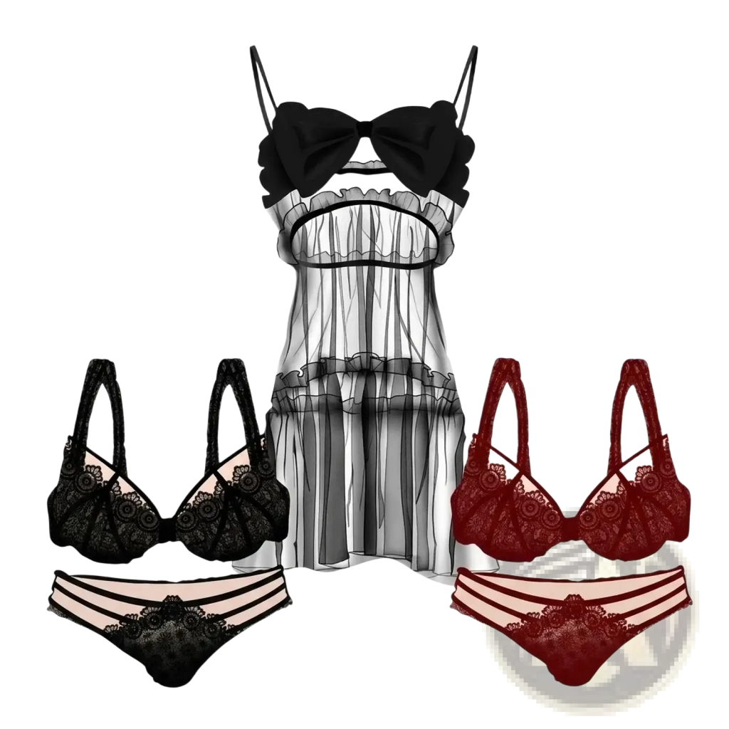 Black lace lingerie set with sheer ruffled overlay and matching thong in a black gold birthday party balloons and beer mug banner set