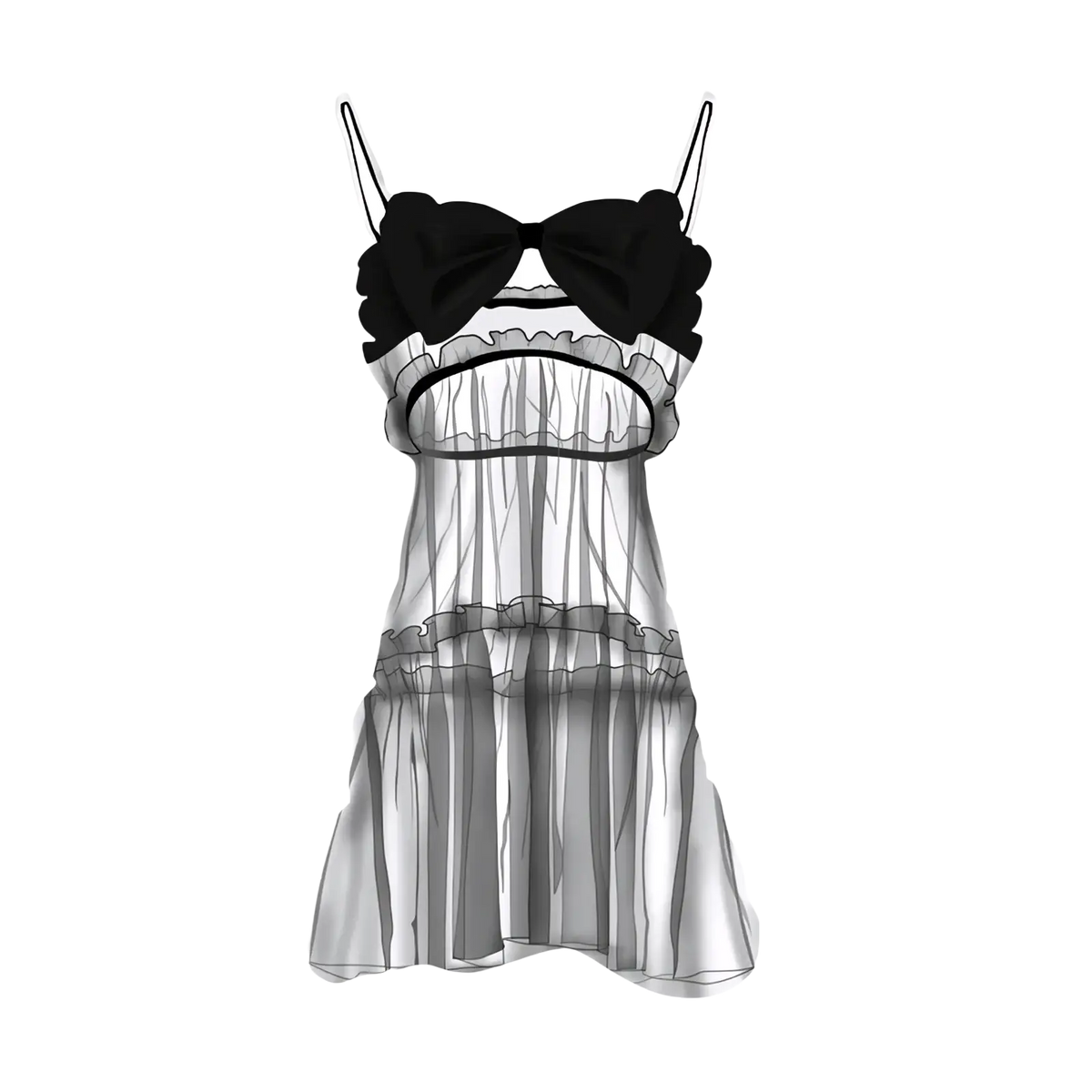 Black lace-trimmed spaghetti strap dress with sheer layered ruffles and sweetheart neckline for a gold birthday party