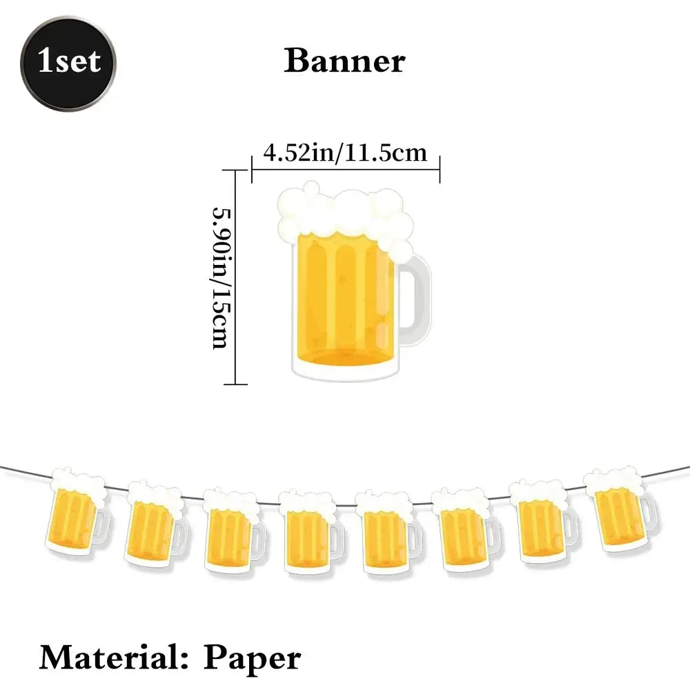 A paper banner with a repeating pattern of cartoonish beer mugs in golden color for black gold birthday party