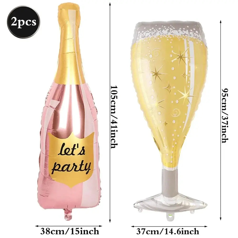 Pink and gold champagne bottle balloon with let’s party yellow label in black gold birthday party balloons set