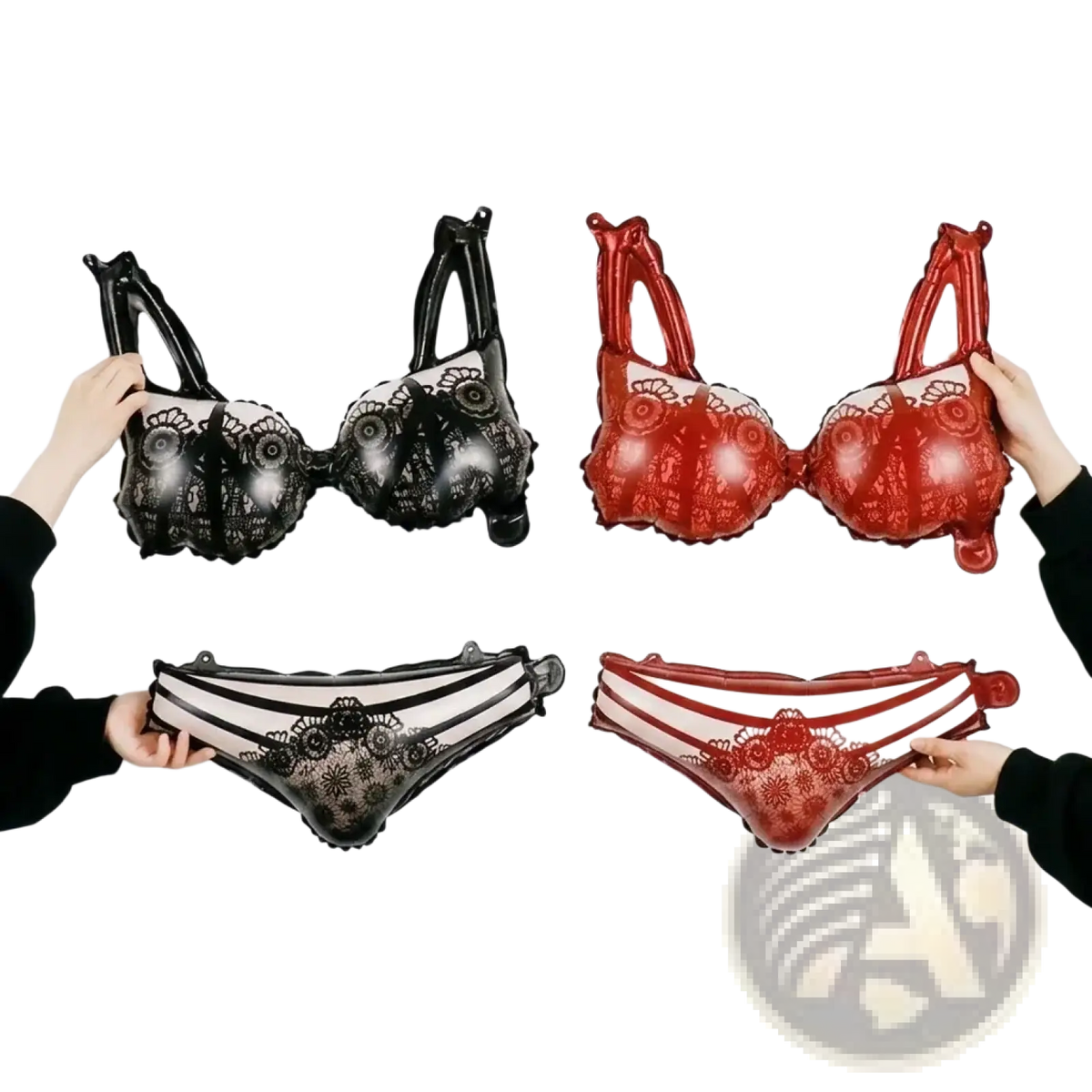 Black and red lace lingerie sets with intricate floral patterns ideal for elegant occasions in a birthday party balloon and beer mug banner set