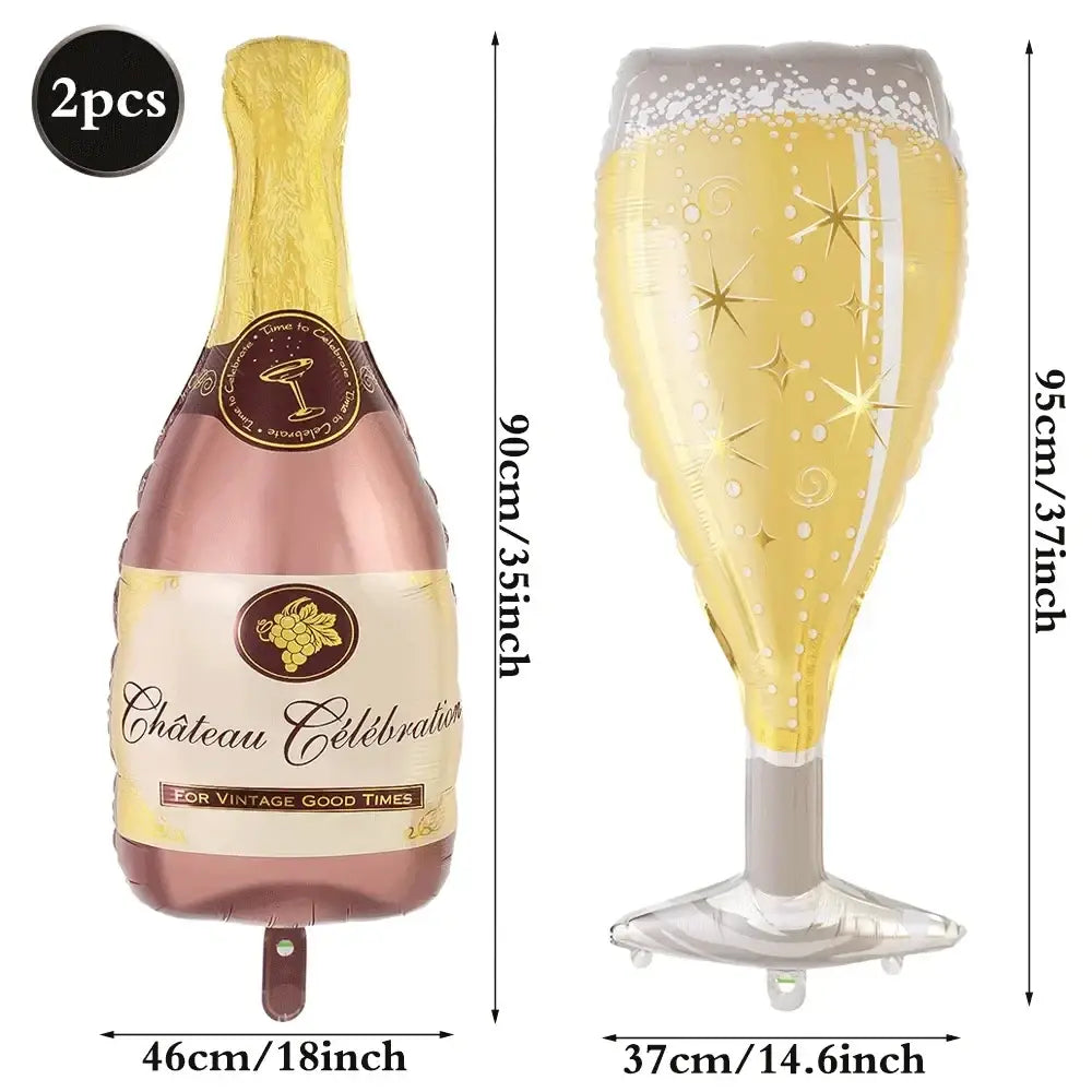 Two festive black gold birthday party balloons shaped like a rose gold champagne bottle and golden star flute