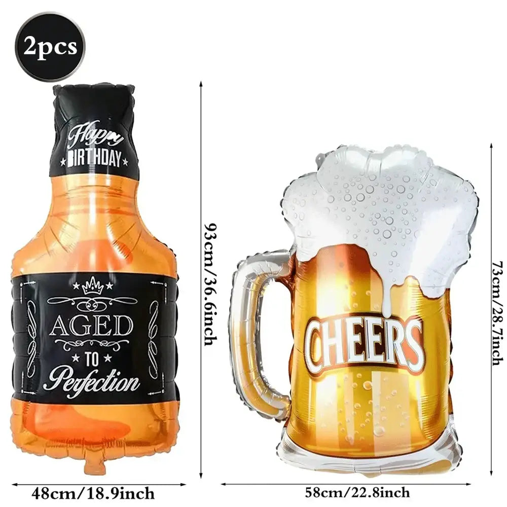 Two inflatable beer-themed party balloons in orange and gold with aged to perfection and cheers designs