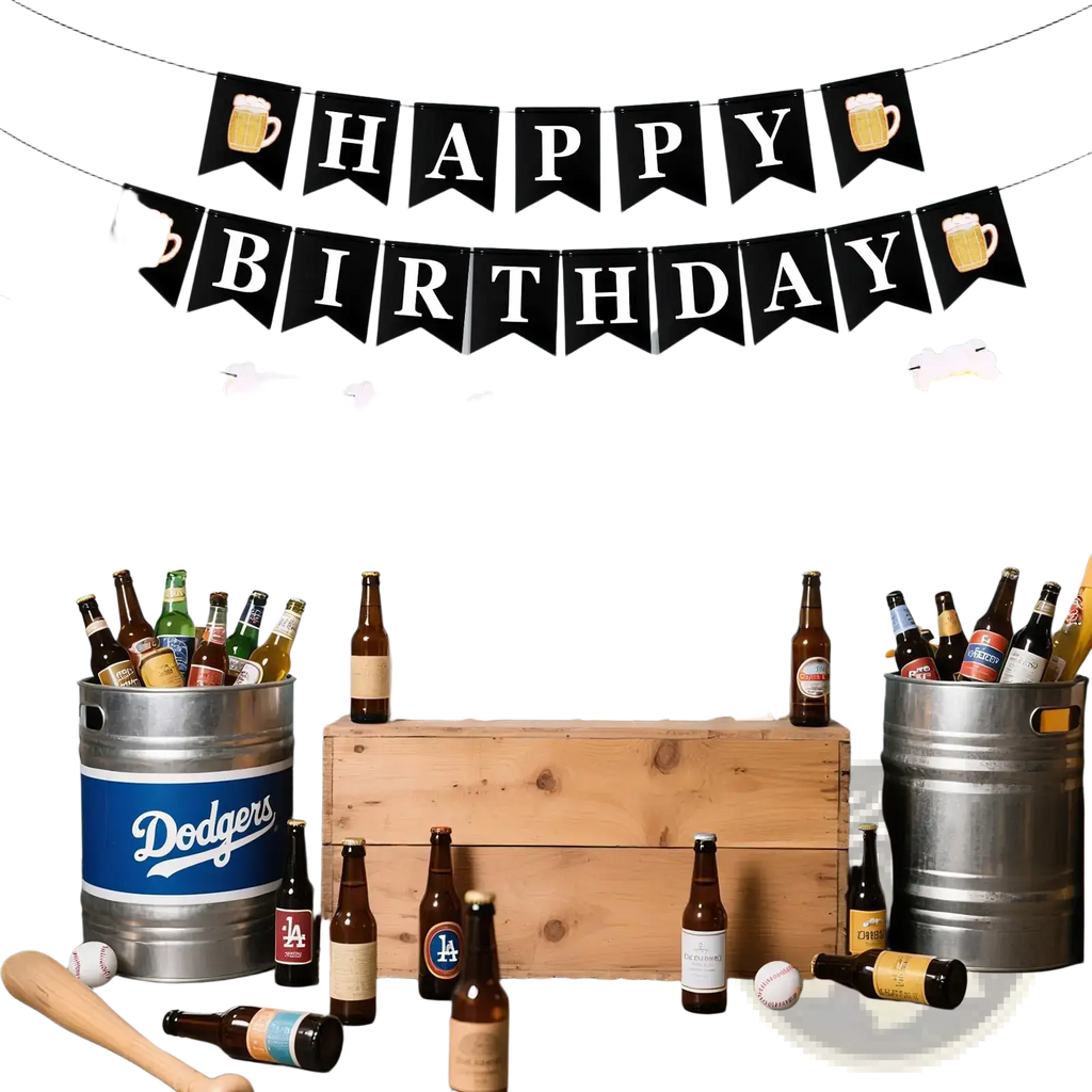 Black gold birthday party balloons and beer mug banner set with black and white happy birthday banner and beer mug designs
