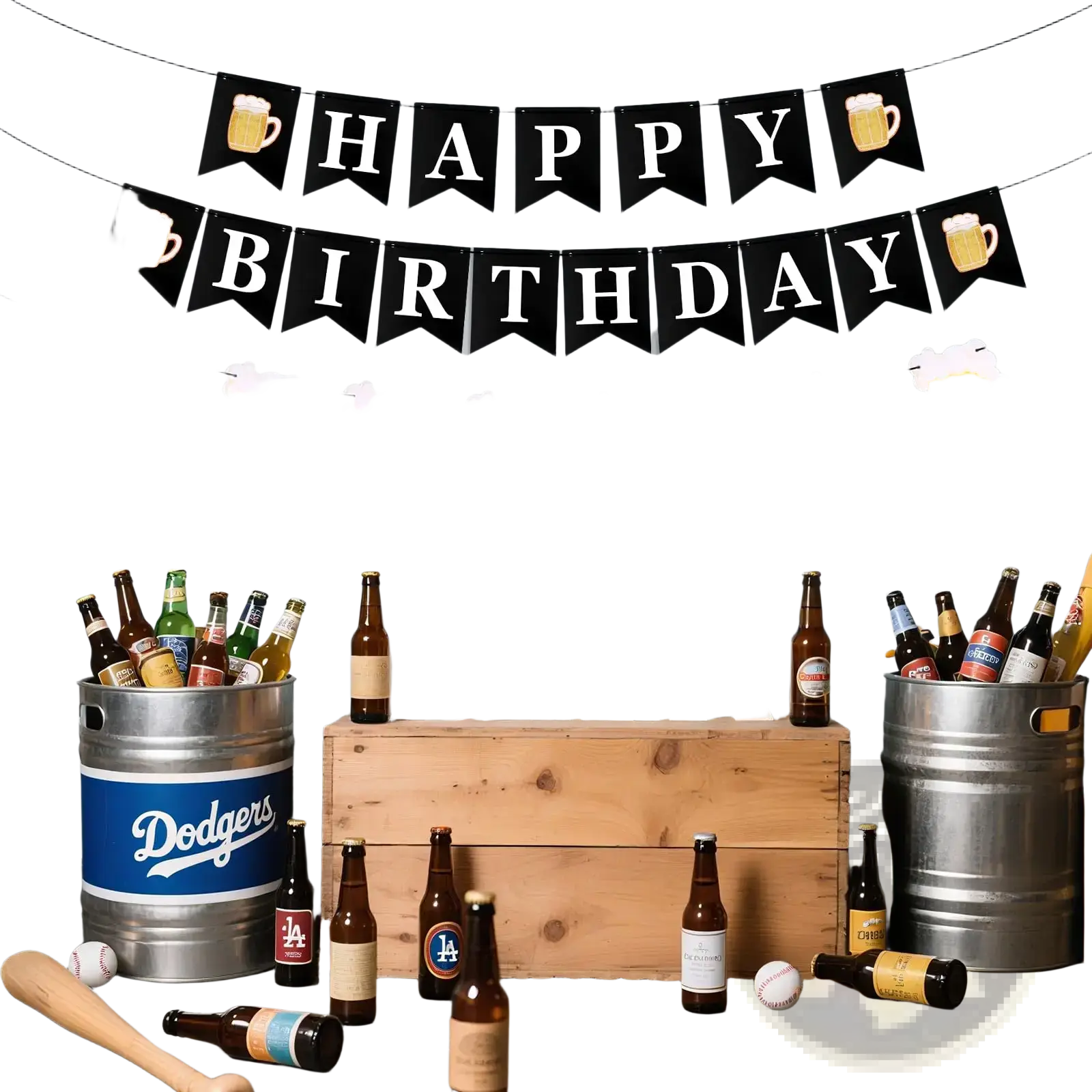 Black gold birthday party balloons and beer mug banner set with black and white happy birthday banner and beer mug designs